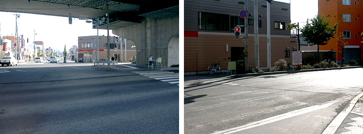 （左）現場の交差点。右折する前のトラックから見た方向。写真右奥が綾香が轢かれた横断歩道（02/10/14撮影）<br />（右）綾香が轢かれた歩道。事故後工事されて白線等も消えている（02/10/14撮影）